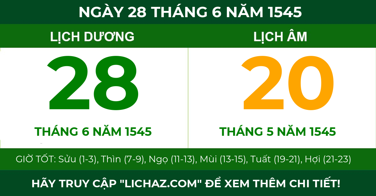 lịch âm ngày 28 tháng 6 năm 1545