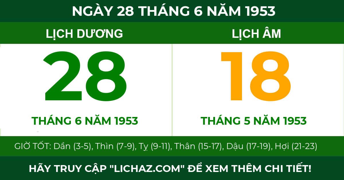 lịch âm ngày 28 tháng 6 năm 1953