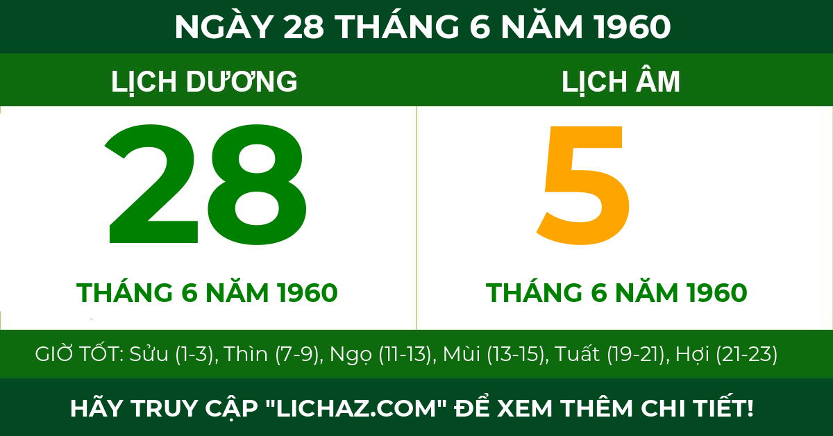 lịch âm ngày 28 tháng 6 năm 1960
