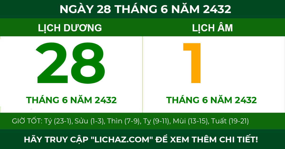lịch âm ngày 28 tháng 6 năm 2432