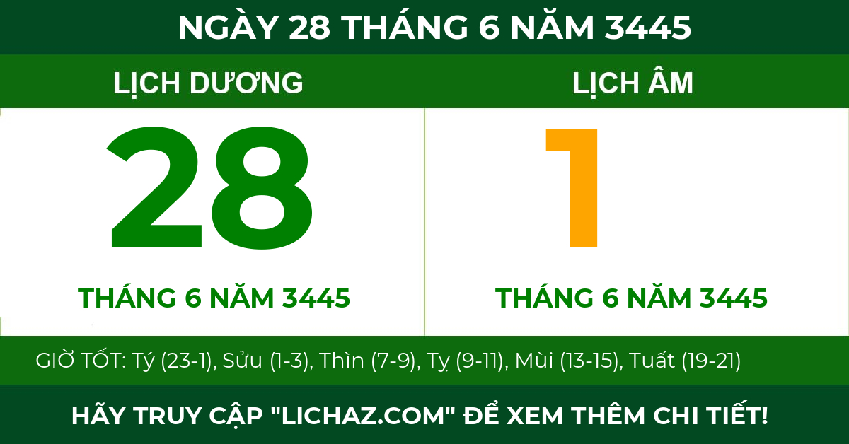 lịch âm ngày 28 tháng 6 năm 3445