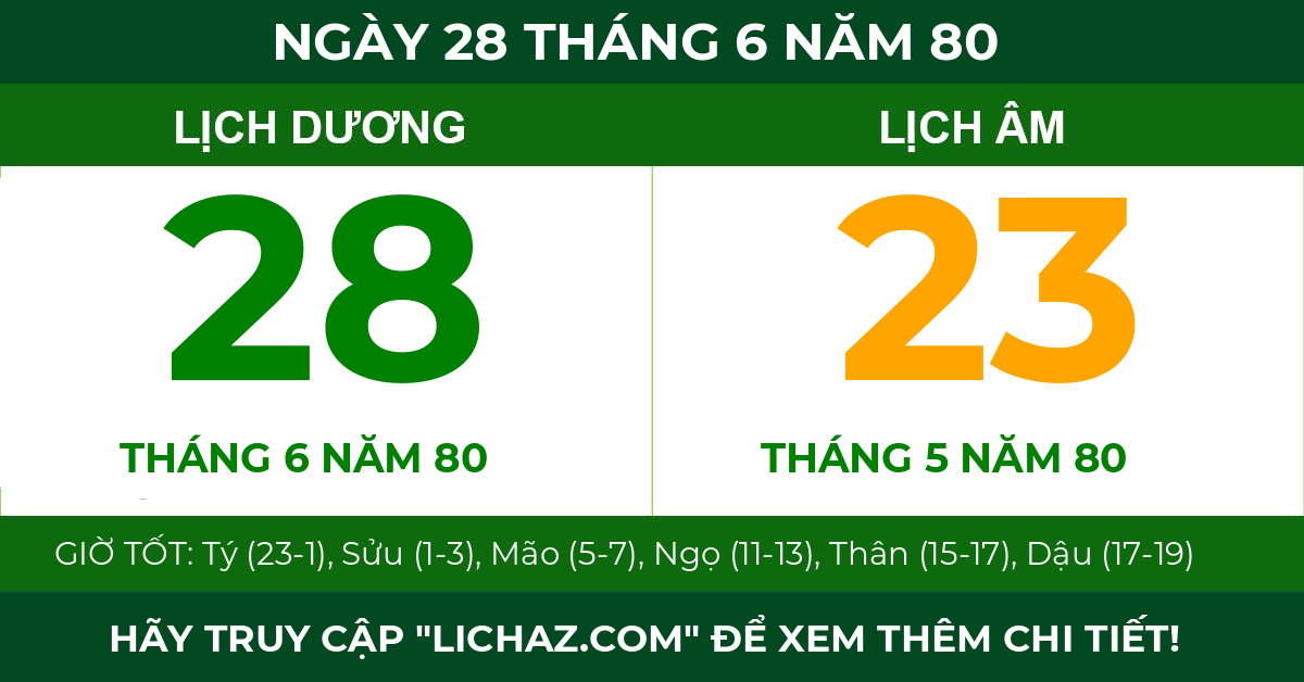 lịch âm ngày 28 tháng 6 năm 80