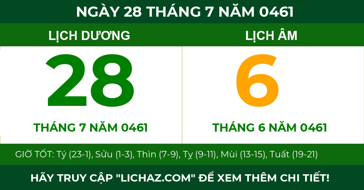 lịch âm ngày 28 tháng 7 năm 0461