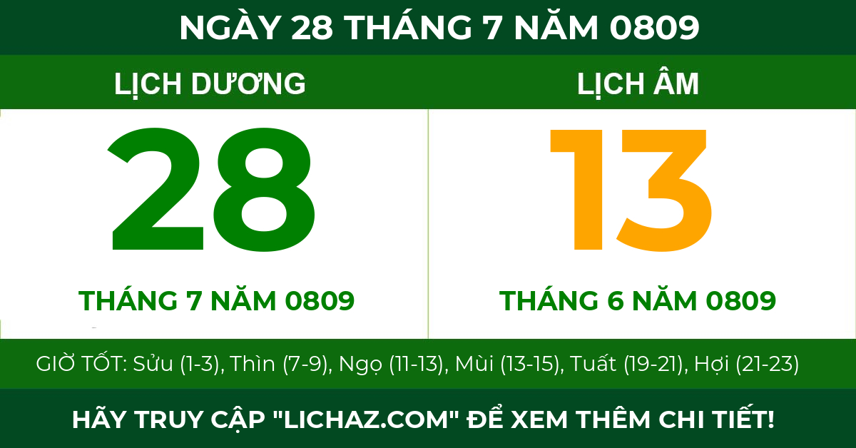 lịch âm ngày 28 tháng 7 năm 0809
