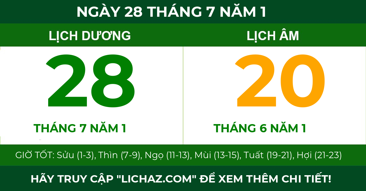 lịch âm ngày 28 tháng 7 năm 1