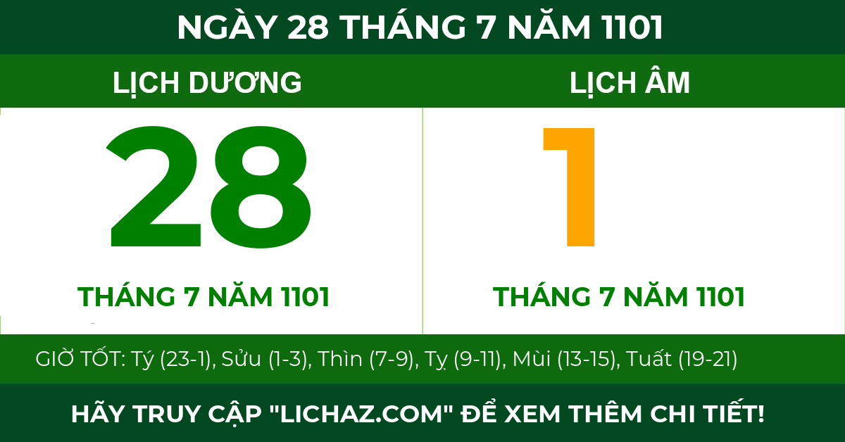 lịch âm ngày 28 tháng 7 năm 1101