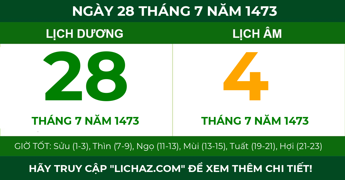 lịch âm ngày 28 tháng 7 năm 1473