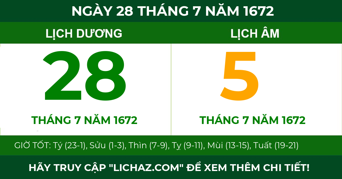 lịch âm ngày 28 tháng 7 năm 1672