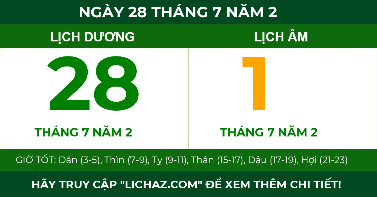 lịch âm ngày 28 tháng 7 năm 2