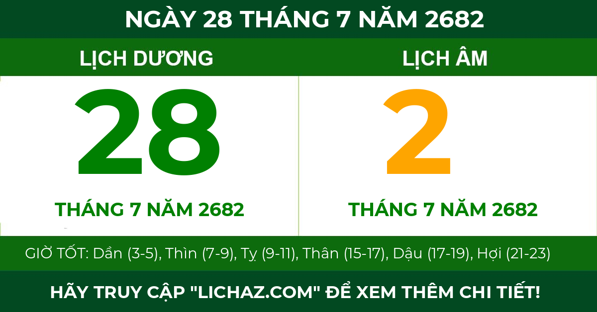 lịch âm ngày 28 tháng 7 năm 2682