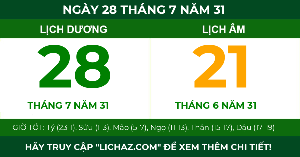 lịch âm ngày 28 tháng 7 năm 31