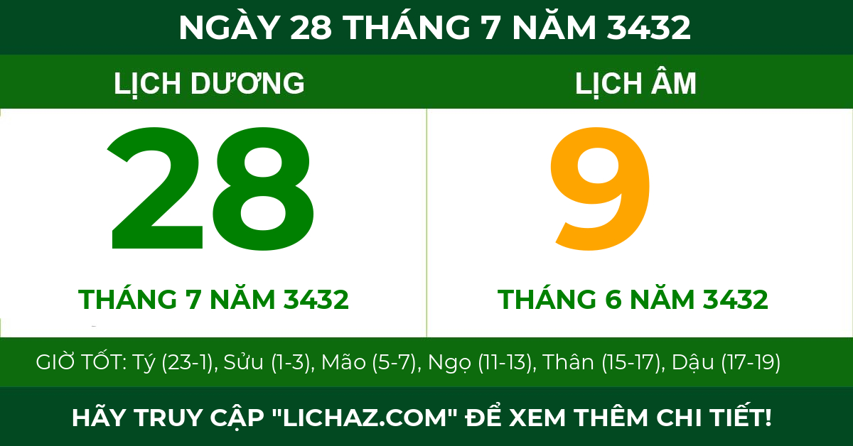 lịch âm ngày 28 tháng 7 năm 3432