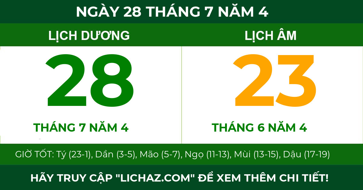 lịch âm ngày 28 tháng 7 năm 4