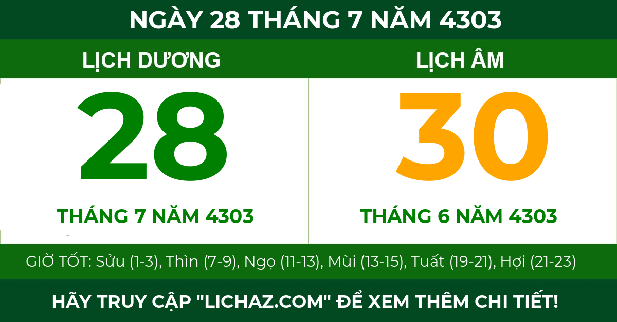 lịch âm ngày 28 tháng 7 năm 4303