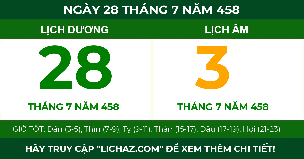 lịch âm ngày 28 tháng 7 năm 458