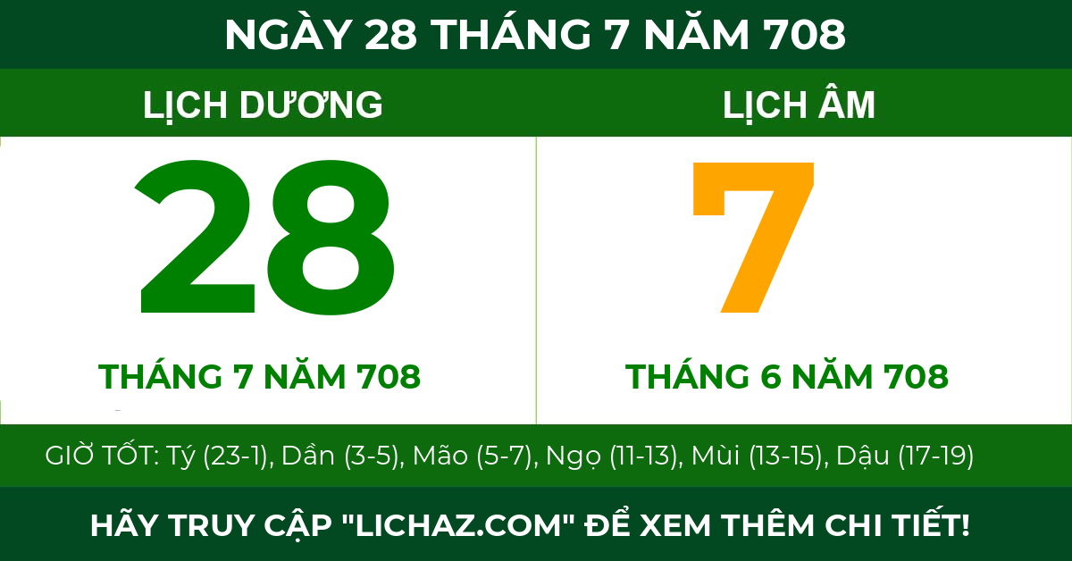 lịch âm ngày 28 tháng 7 năm 708