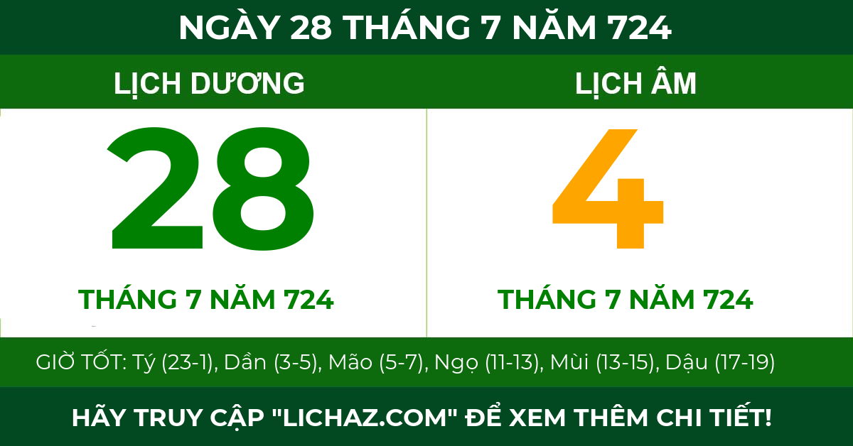 lịch âm ngày 28 tháng 7 năm 724