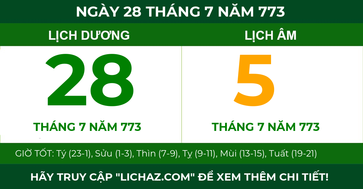 lịch âm ngày 28 tháng 7 năm 773