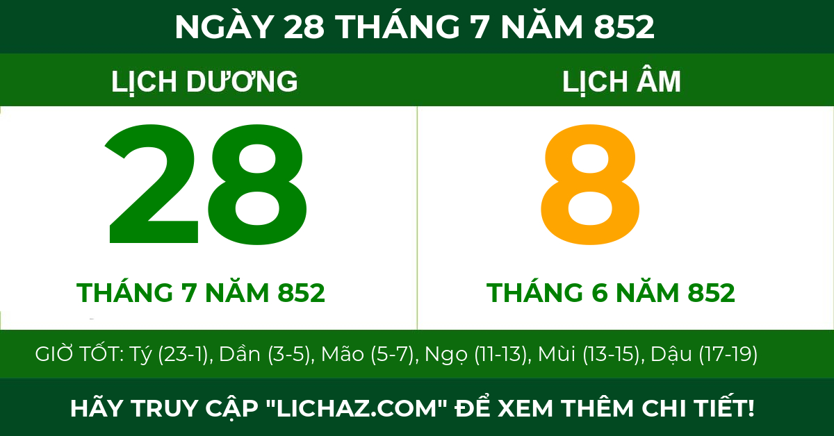 lịch âm ngày 28 tháng 7 năm 852