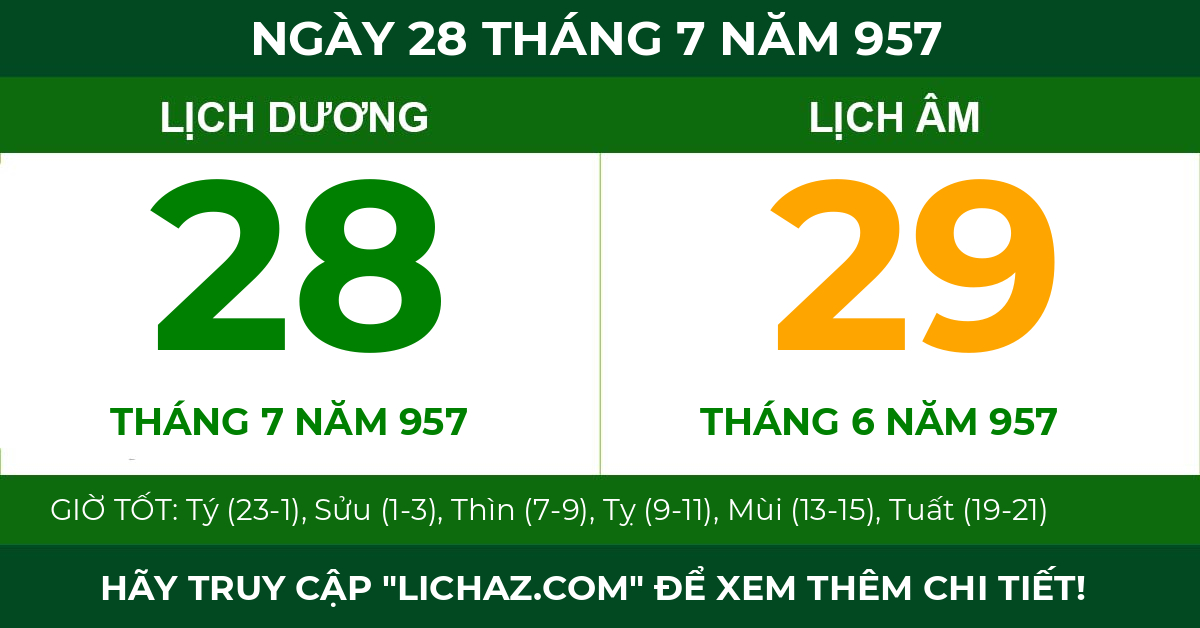 lịch âm ngày 28 tháng 7 năm 957