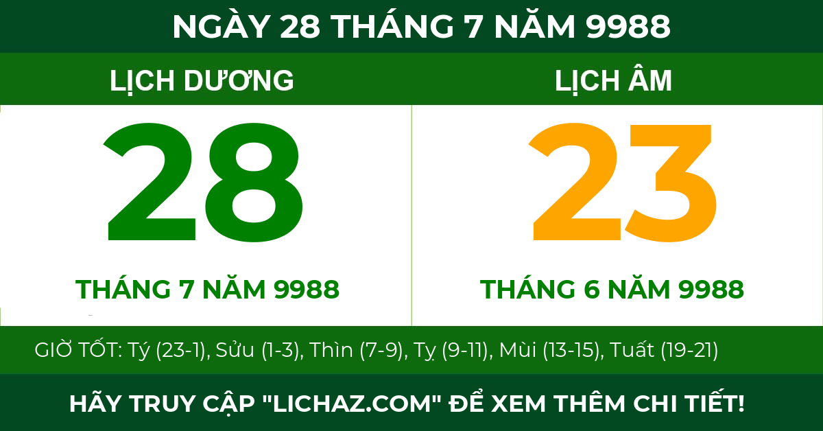 lịch âm ngày 28 tháng 7 năm 9988