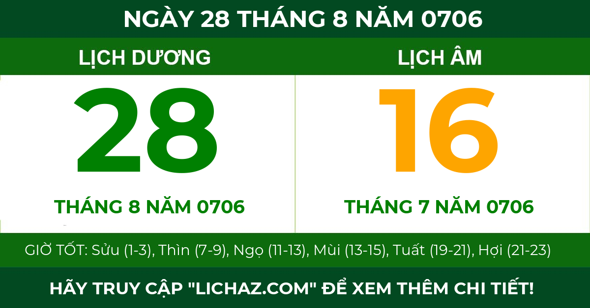 lịch âm ngày 28 tháng 8 năm 0706