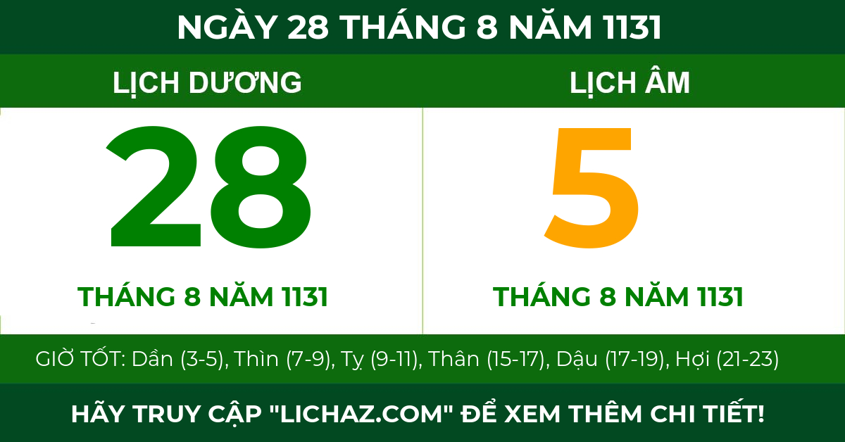 lịch âm ngày 28 tháng 8 năm 1131