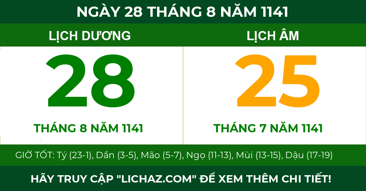 lịch âm ngày 28 tháng 8 năm 1141