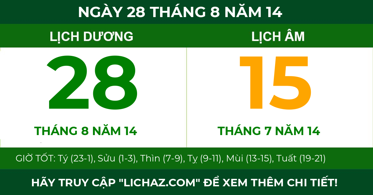 lịch âm ngày 28 tháng 8 năm 14
