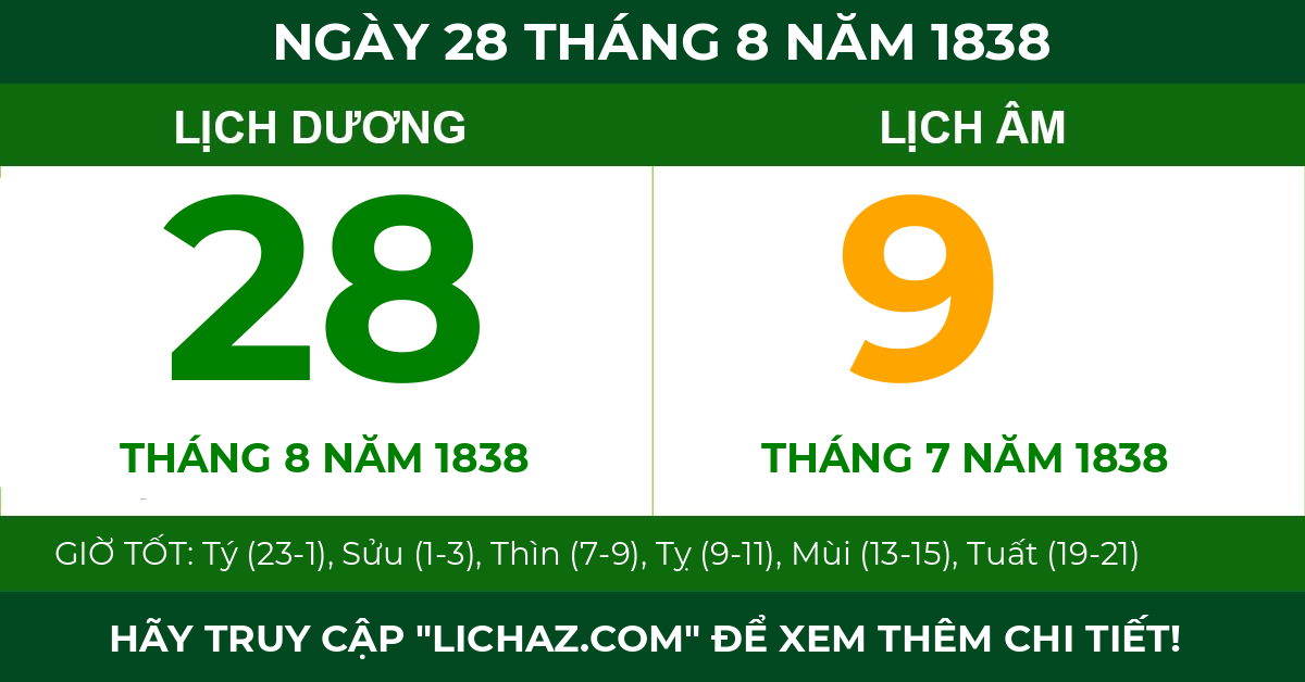 lịch âm ngày 28 tháng 8 năm 1838
