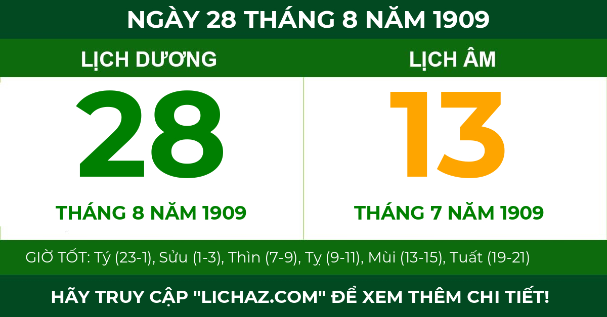lịch âm ngày 28 tháng 8 năm 1909