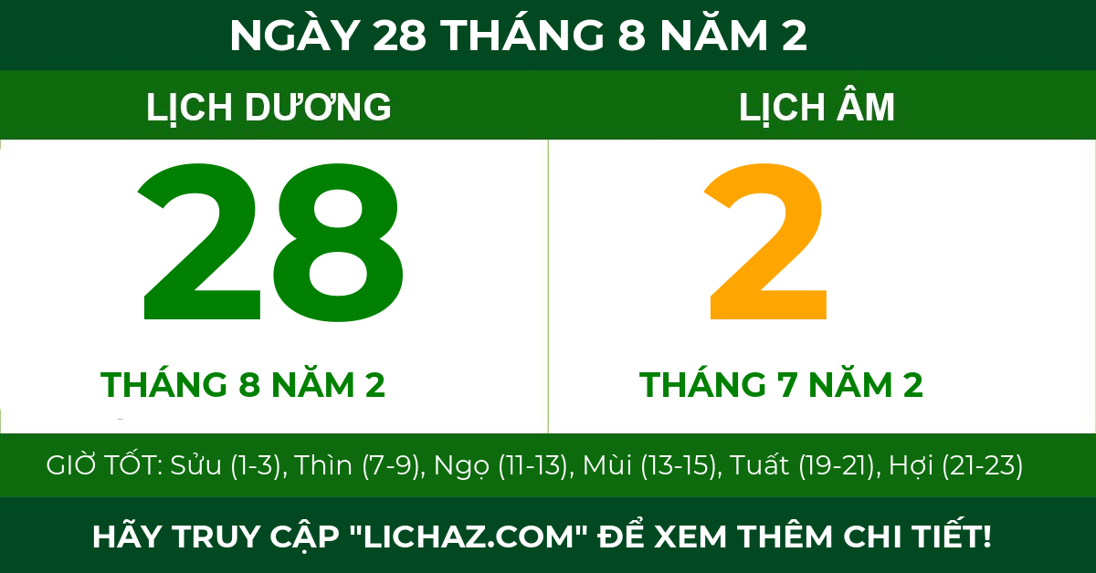 lịch âm ngày 28 tháng 8 năm 2