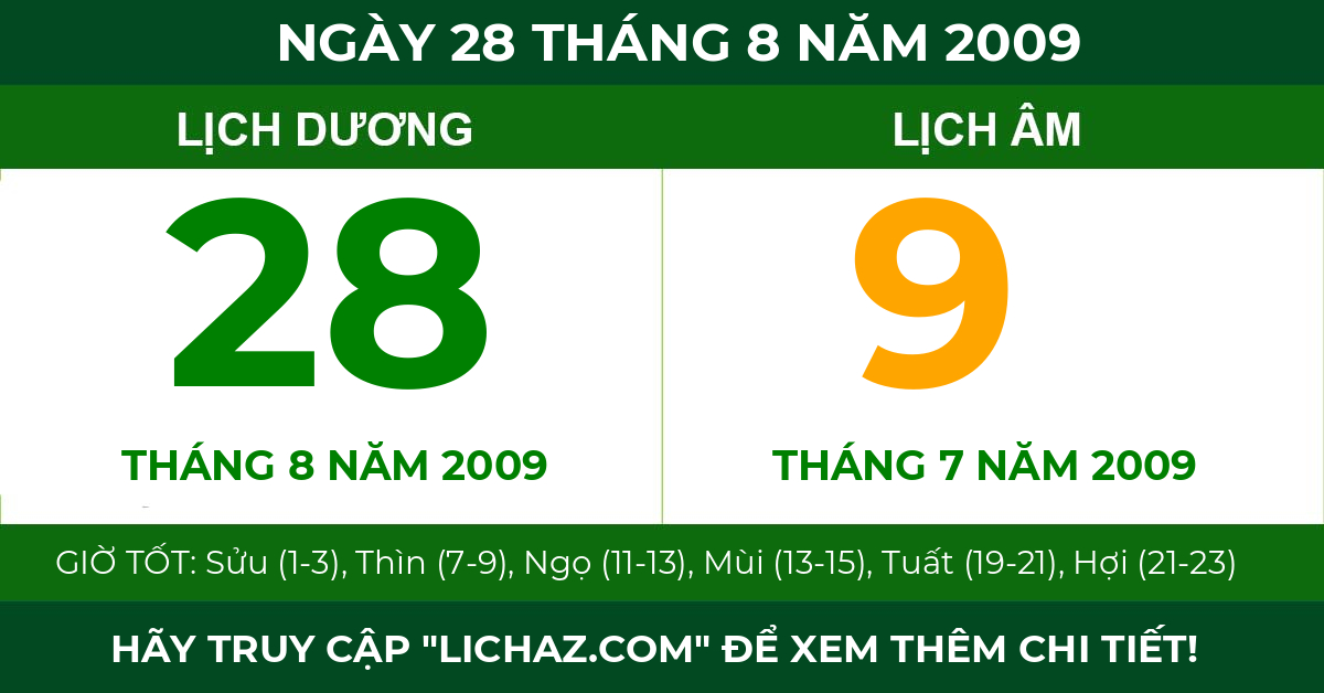 lịch âm ngày 28 tháng 8 năm 2009
