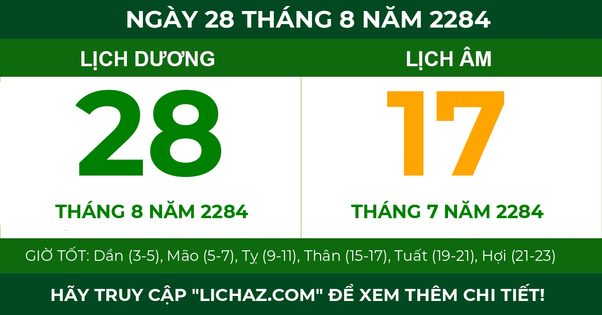 lịch âm ngày 28 tháng 8 năm 2284