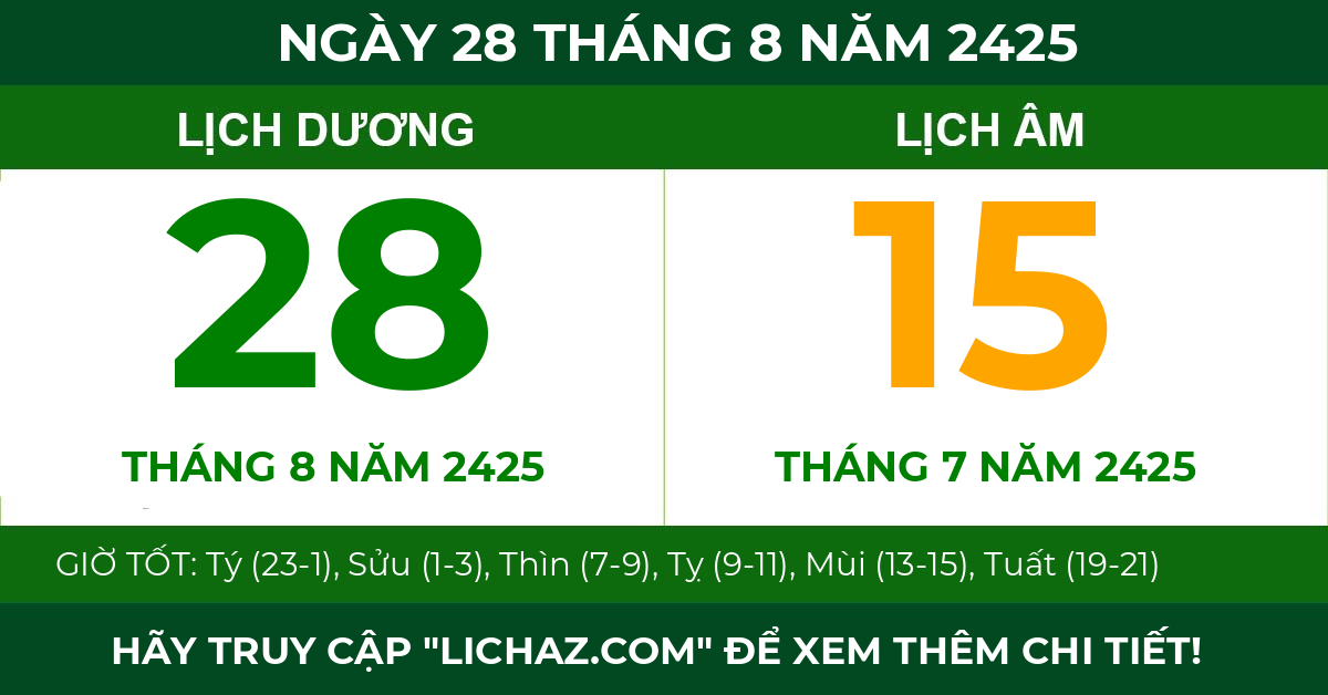 lịch âm ngày 28 tháng 8 năm 2425