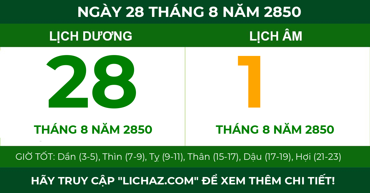lịch âm ngày 28 tháng 8 năm 2850