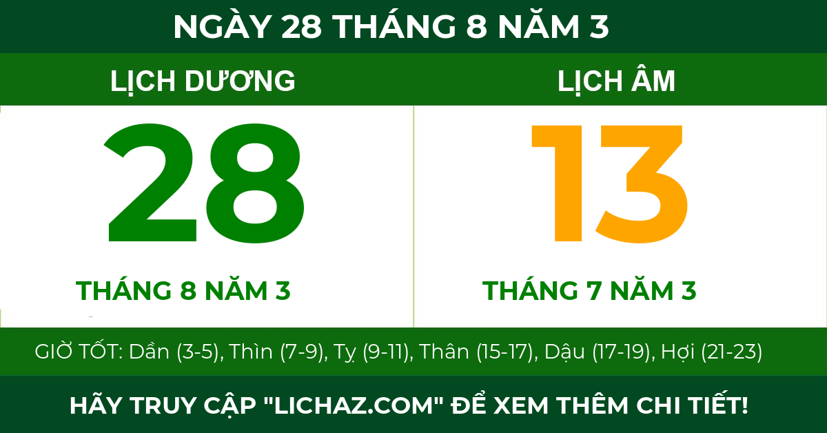 lịch âm ngày 28 tháng 8 năm 3