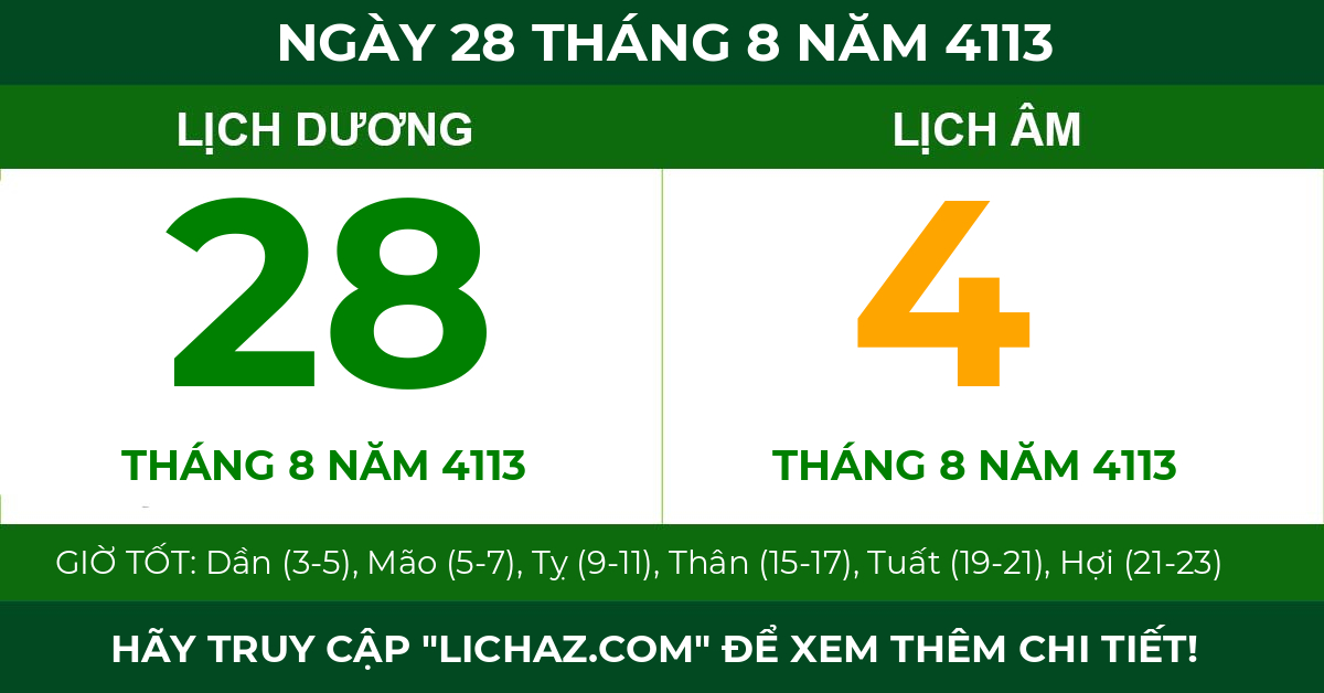 lịch âm ngày 28 tháng 8 năm 4113