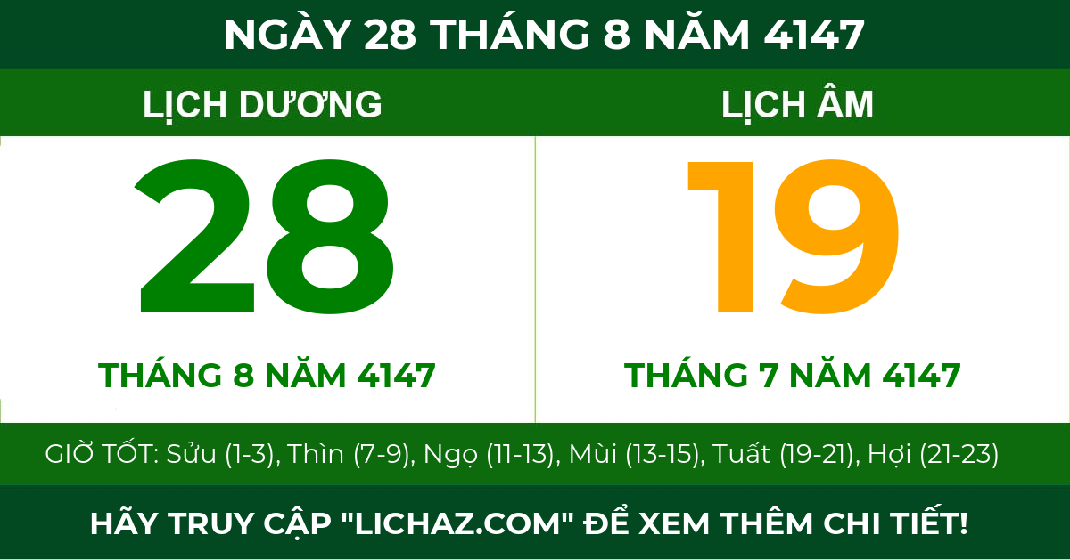 lịch âm ngày 28 tháng 8 năm 4147