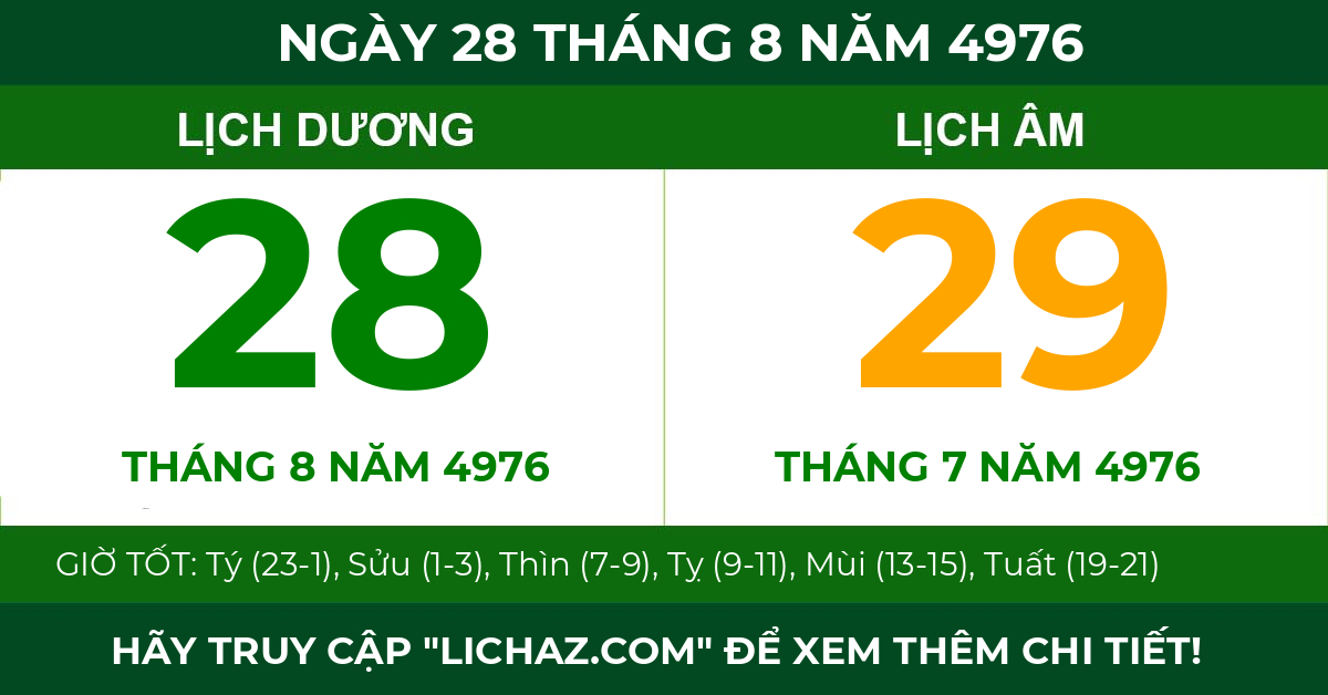 lịch âm ngày 28 tháng 8 năm 4976