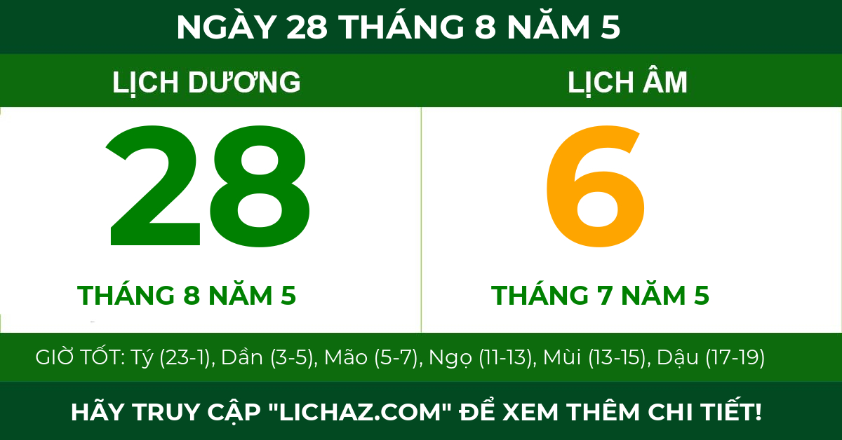 lịch âm ngày 28 tháng 8 năm 5