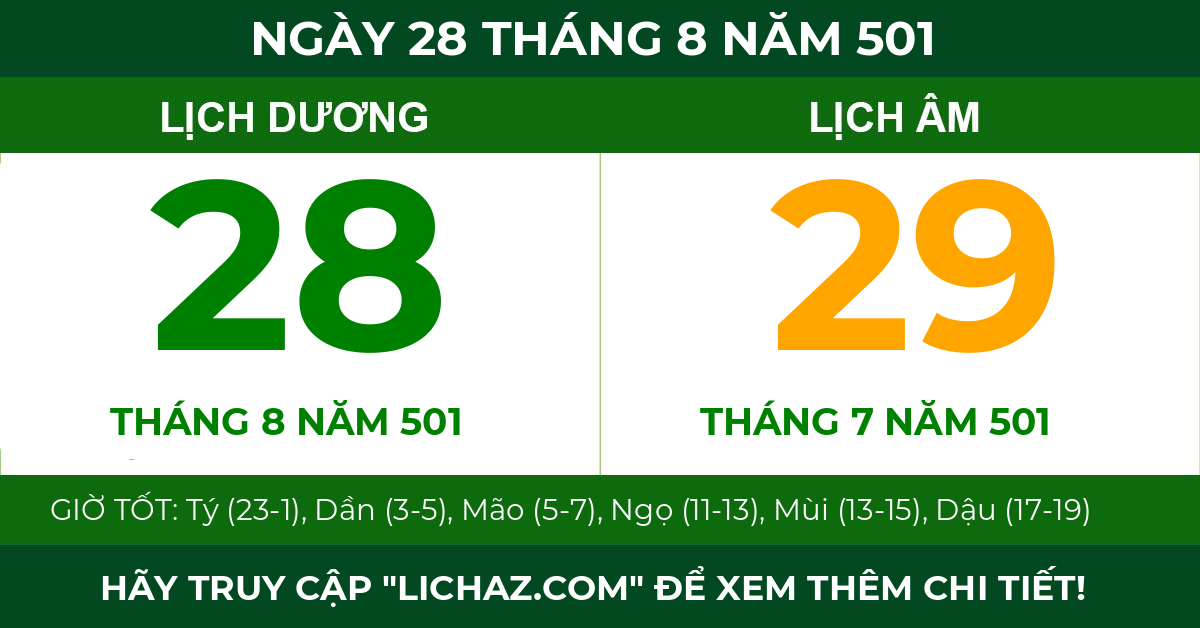 lịch âm ngày 28 tháng 8 năm 501