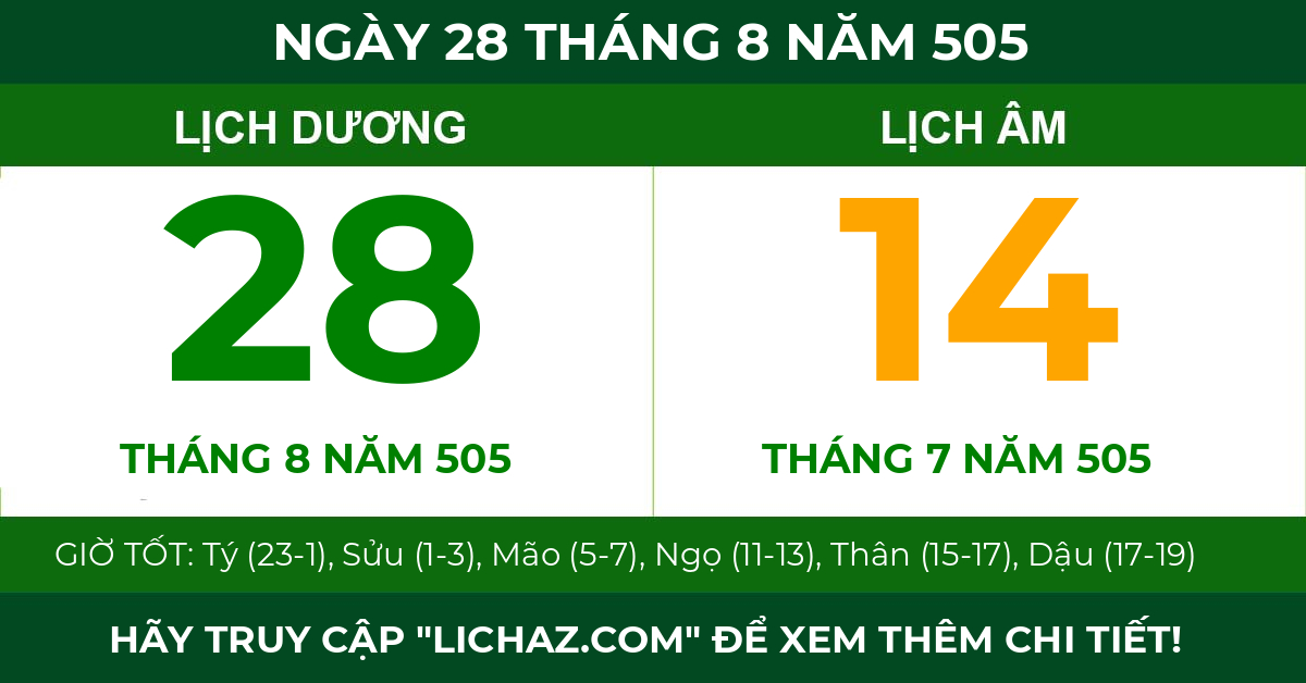 lịch âm ngày 28 tháng 8 năm 505