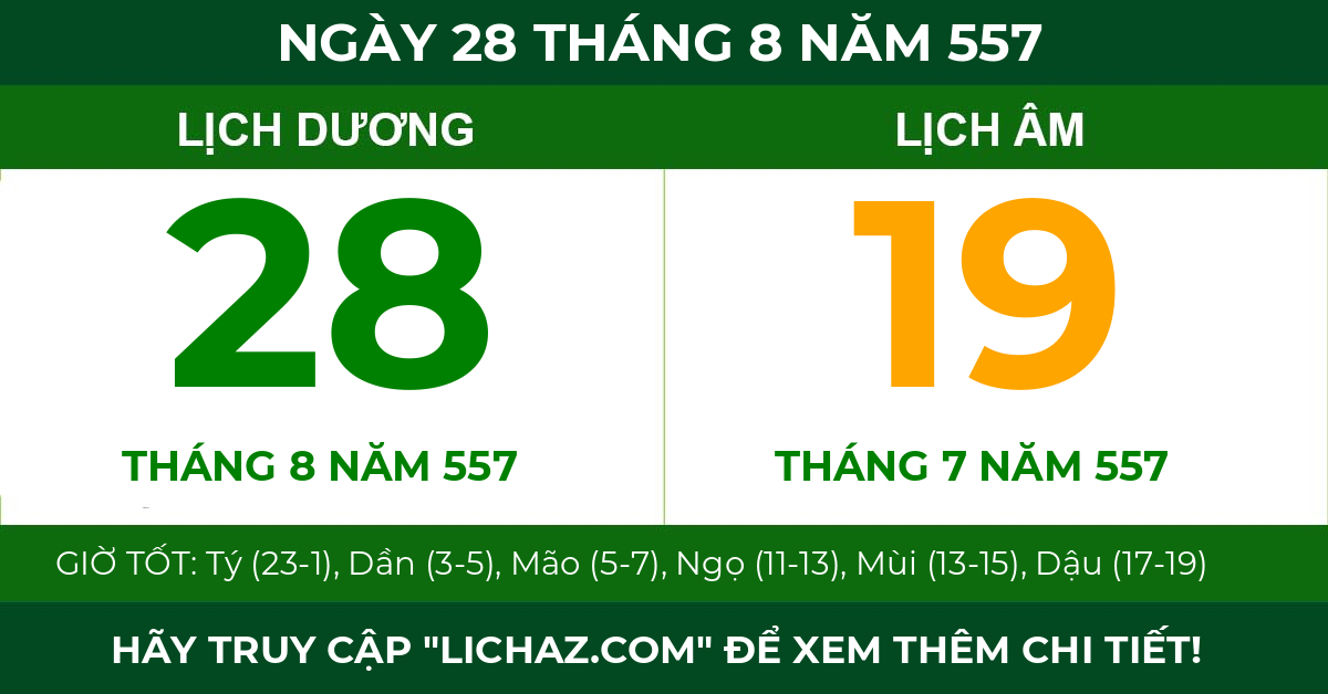 lịch âm ngày 28 tháng 8 năm 557
