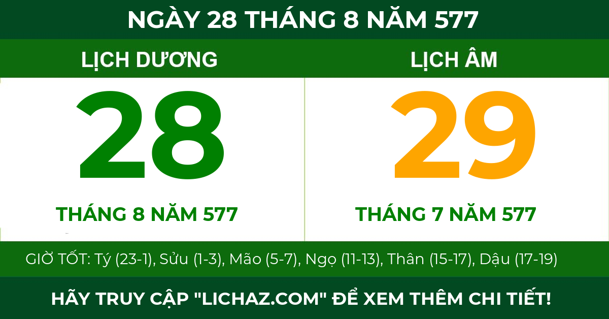 lịch âm ngày 28 tháng 8 năm 577