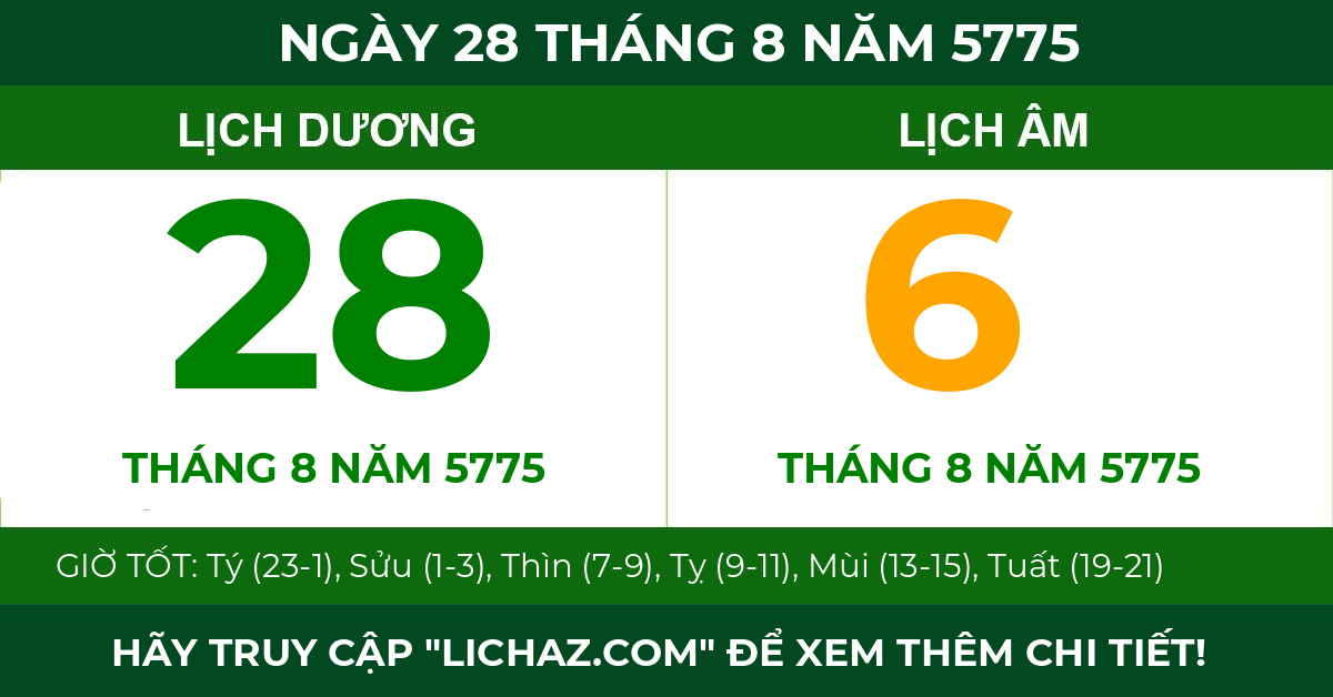 lịch âm ngày 28 tháng 8 năm 5775