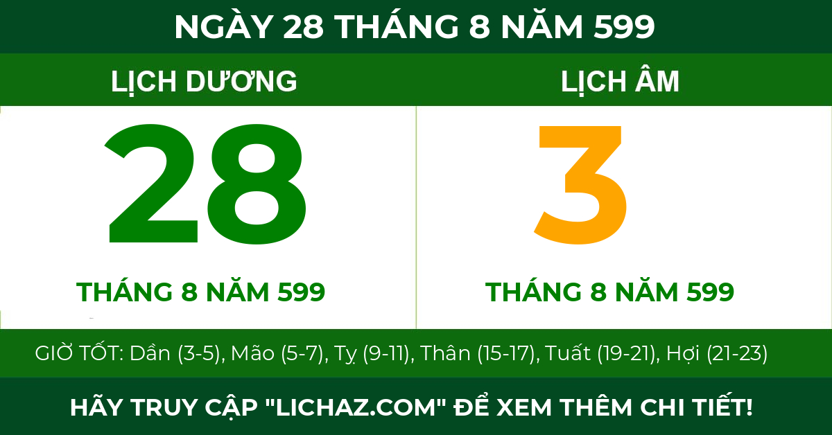lịch âm ngày 28 tháng 8 năm 599