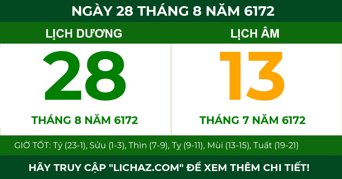 lịch âm ngày 28 tháng 8 năm 6172