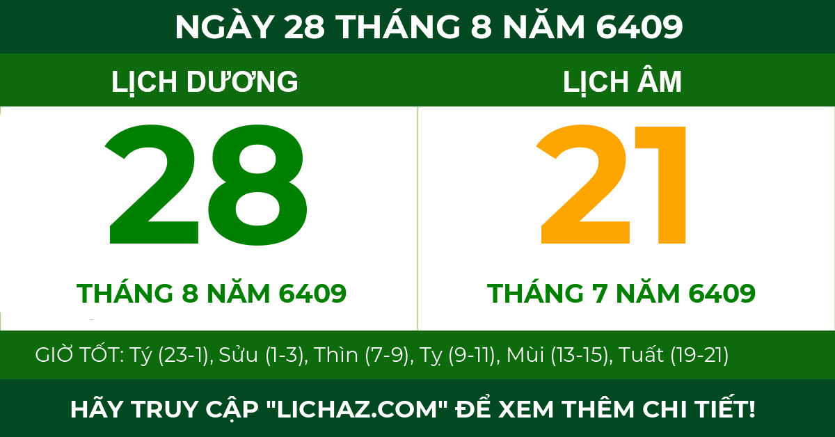 lịch âm ngày 28 tháng 8 năm 6409