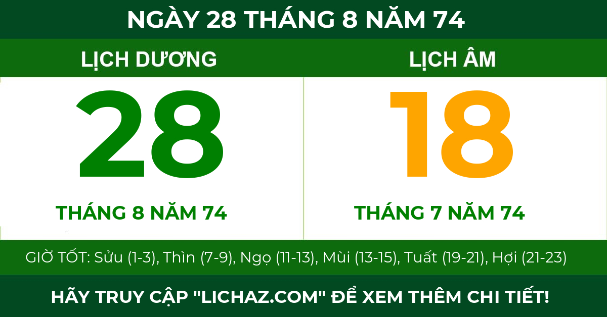 lịch âm ngày 28 tháng 8 năm 74